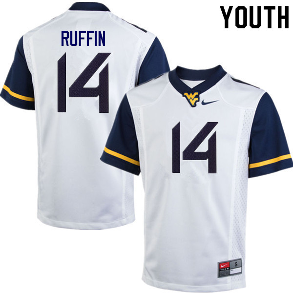 Youth #14 Malachi Ruffin West Virginia Mountaineers College Football Jerseys Sale-White - Click Image to Close